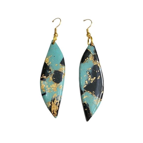 Hand Crafted Jewelry - Handmade Leaf Shaped Earrings Blue, Black & Gold